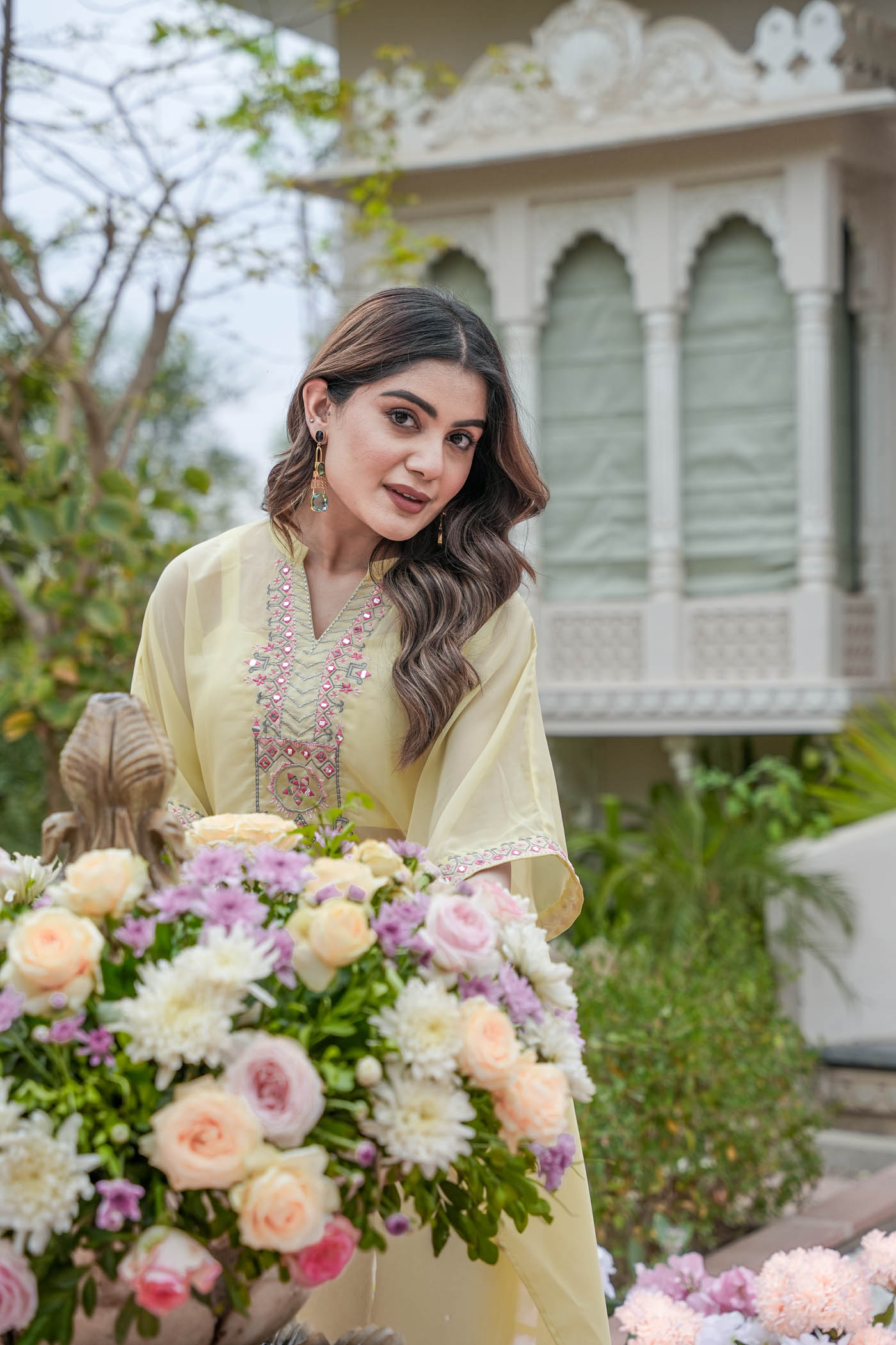 desiner embroidered  yellow  caftan with pant and crop top.