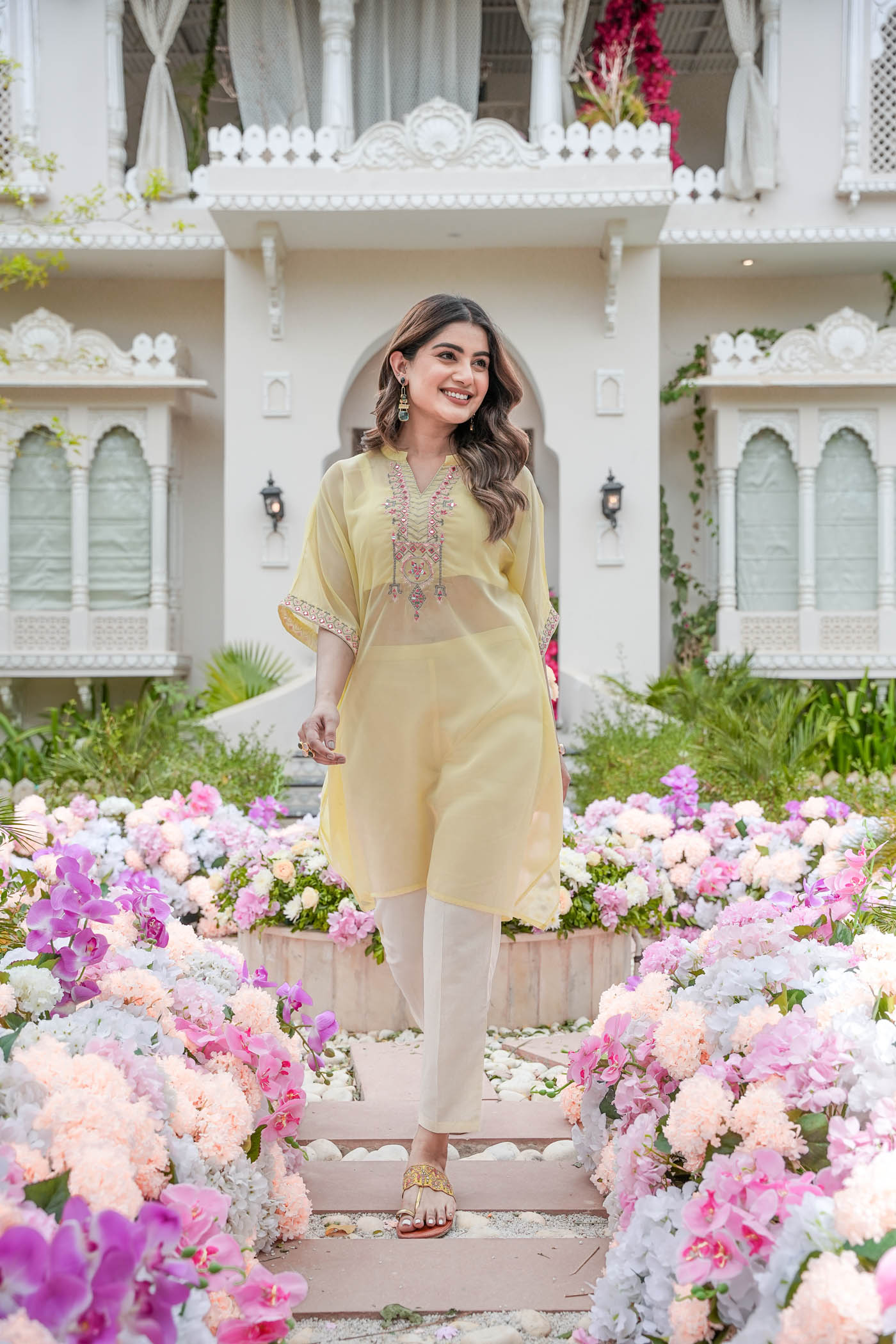 desiner embroidered  yellow  caftan with pant and crop top.