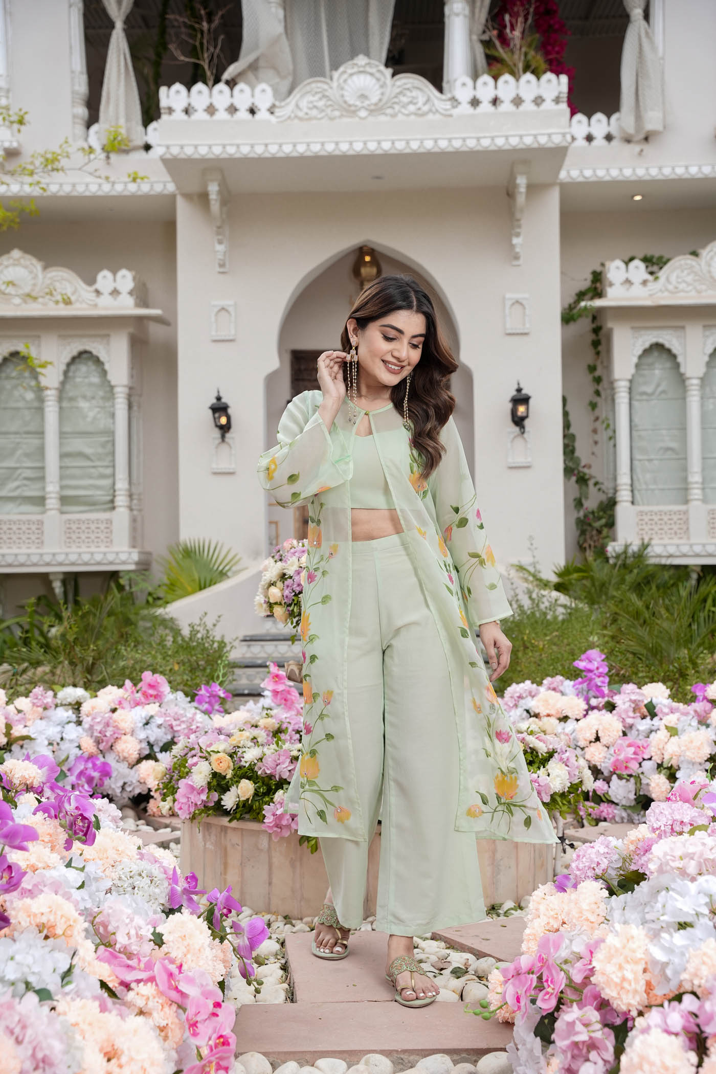 Floran Brush Print Pastel Green Long Jacket Kurti Set