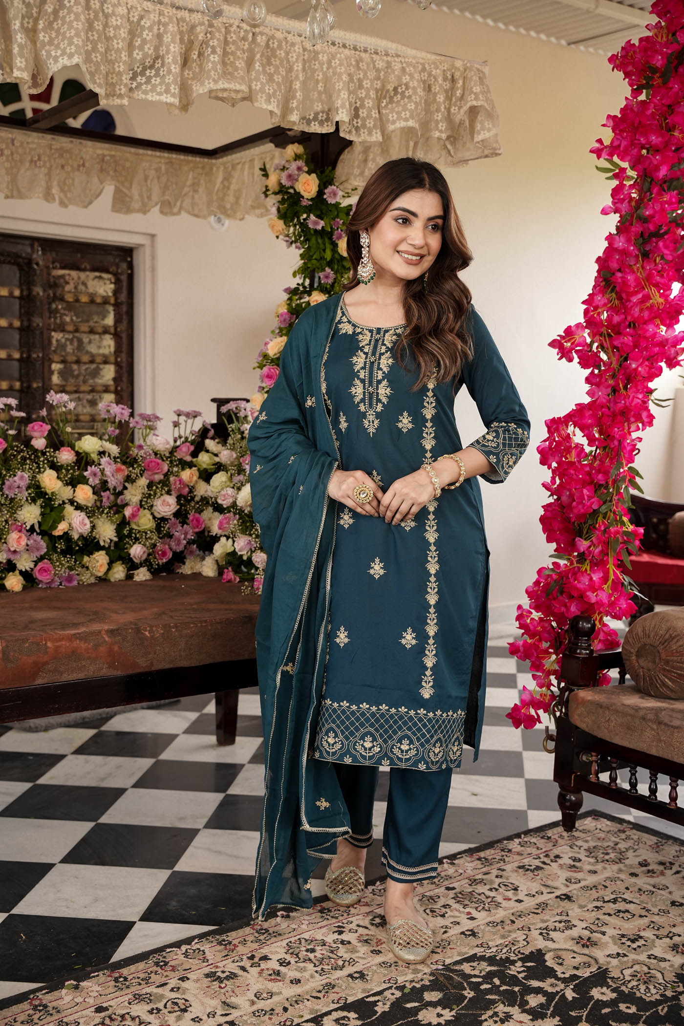 Straight embroidered  kurti with dupatta  and pant