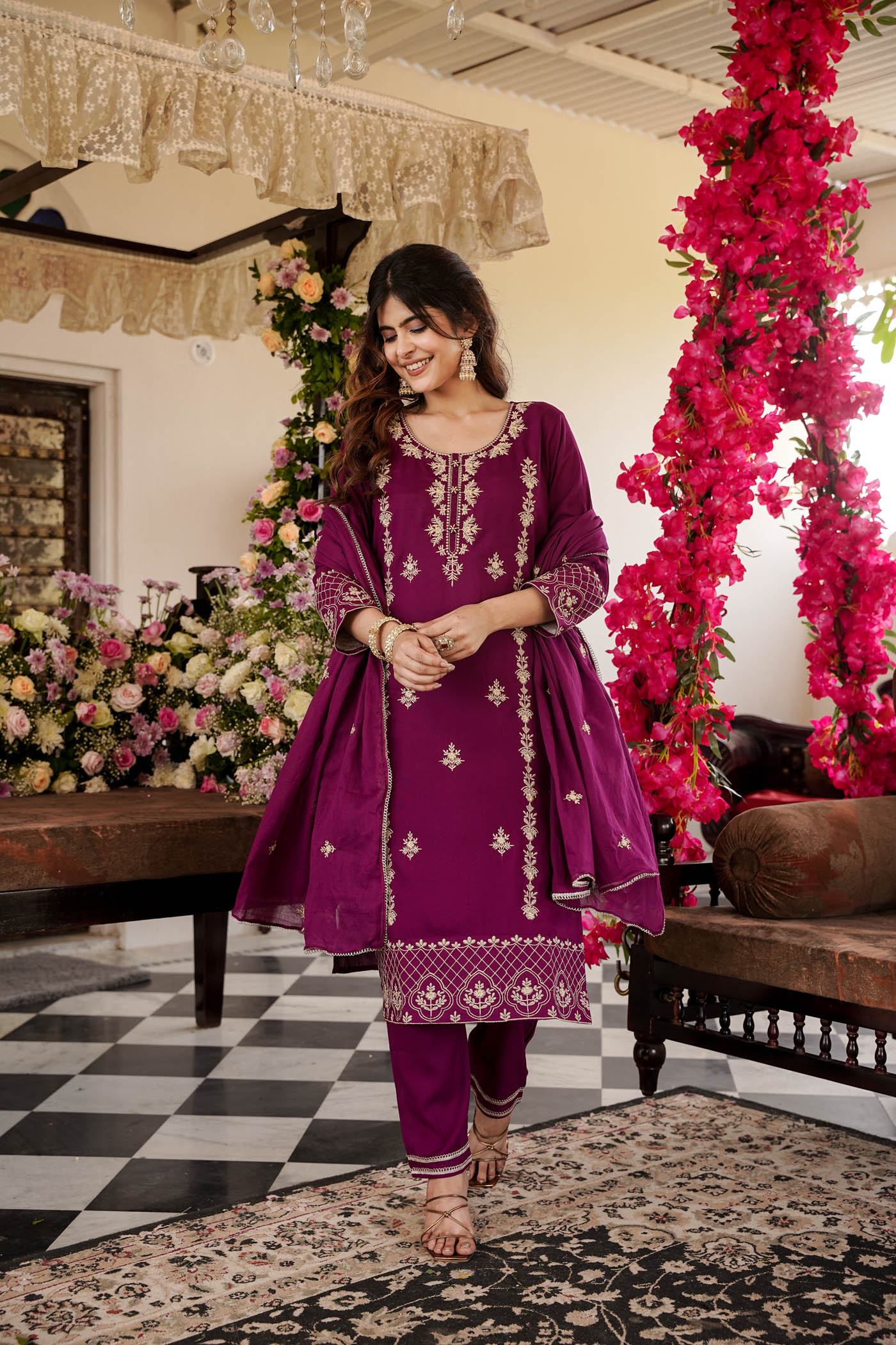 Embroidery  straight kurti  with  dupatta and  pant