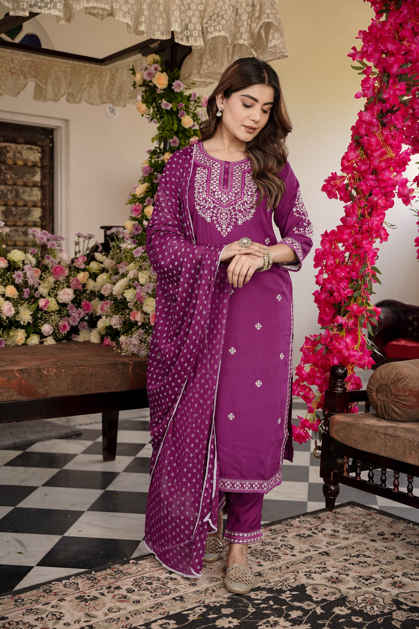 Embroidered  kurti  with printed  dupatta  and pant