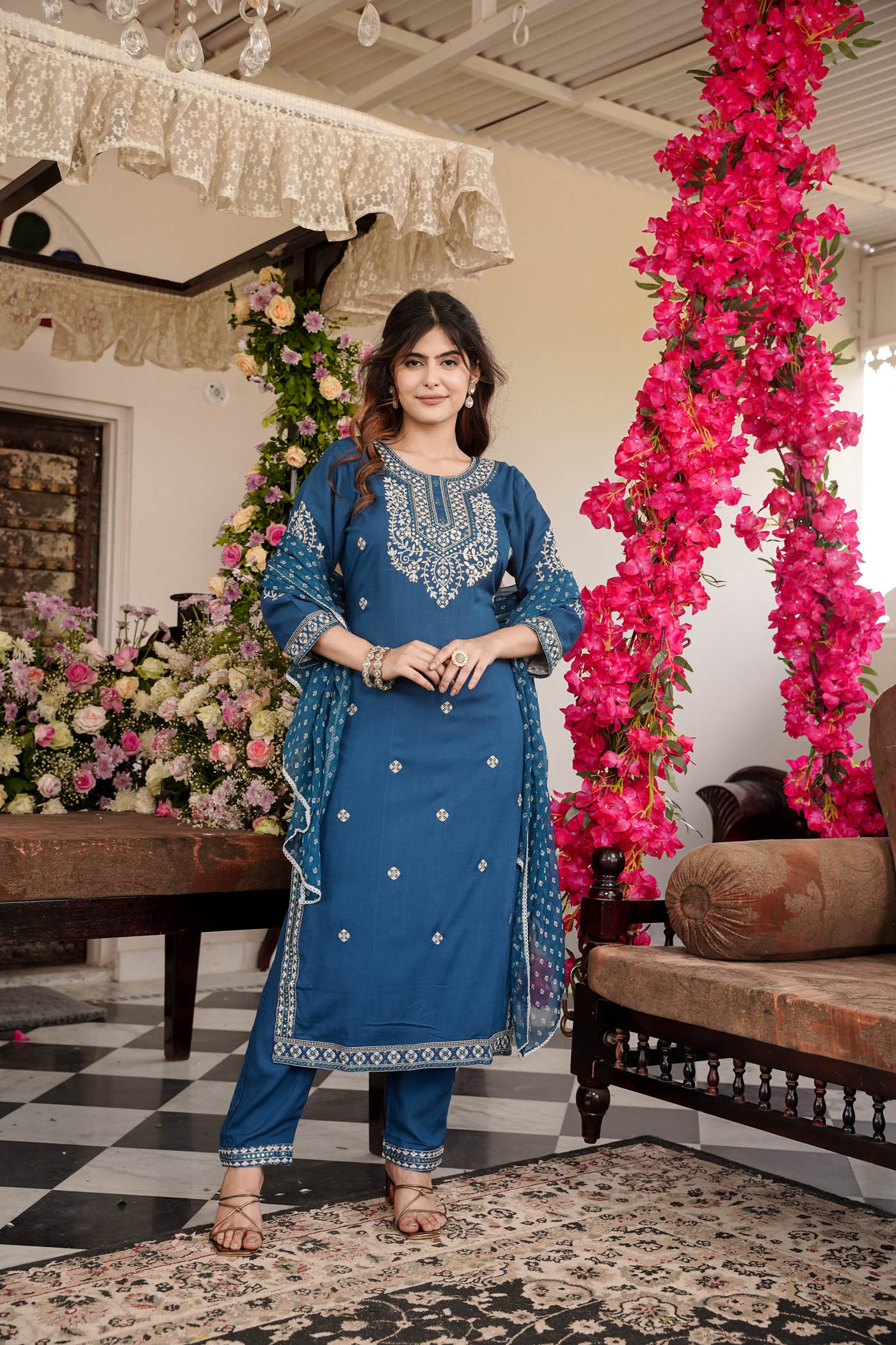 embroidery straight  kurti  with printed  dupatta  and pant.