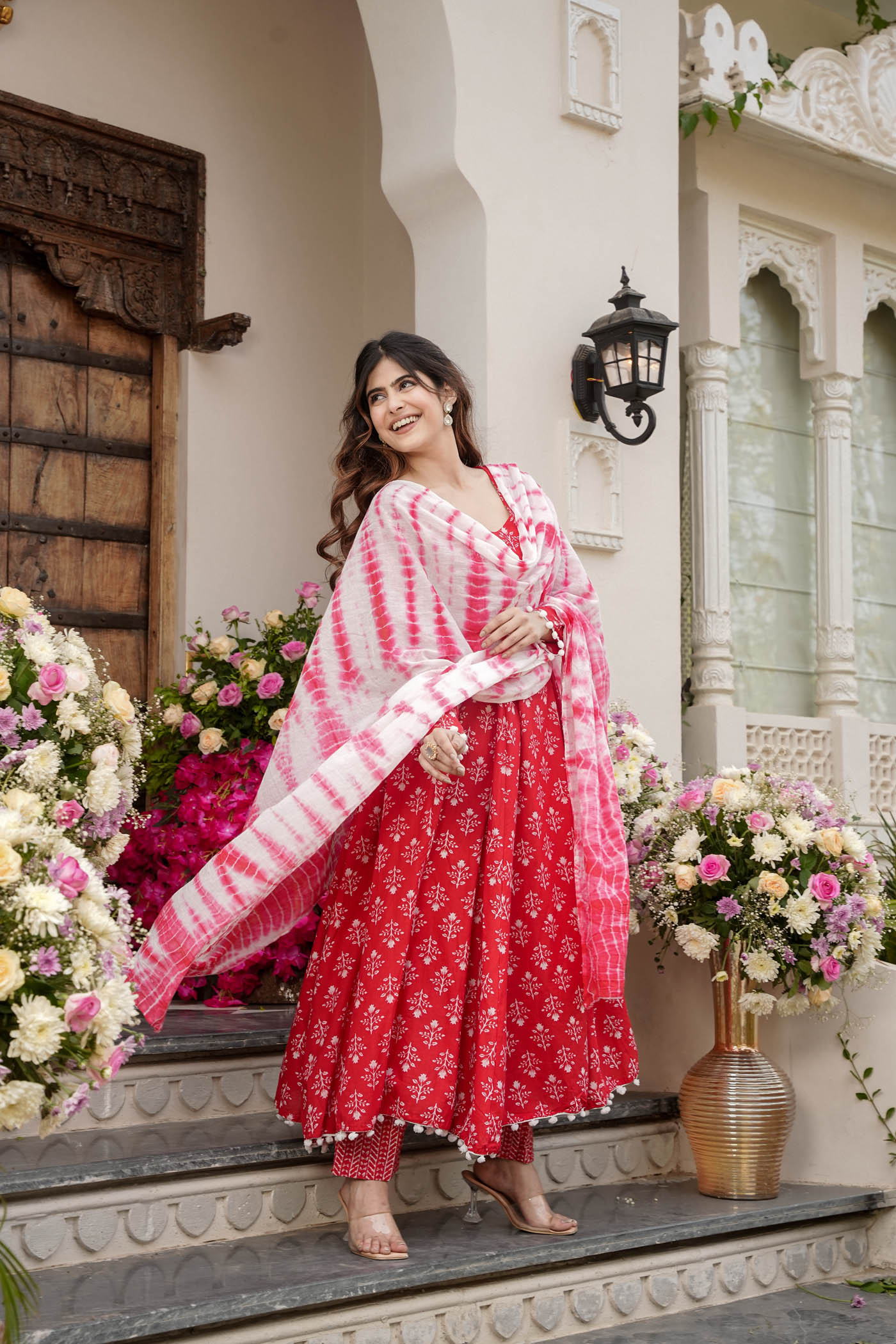 printed  anarkali  with  white  pompom lace and shibori dye dupatta and pant.