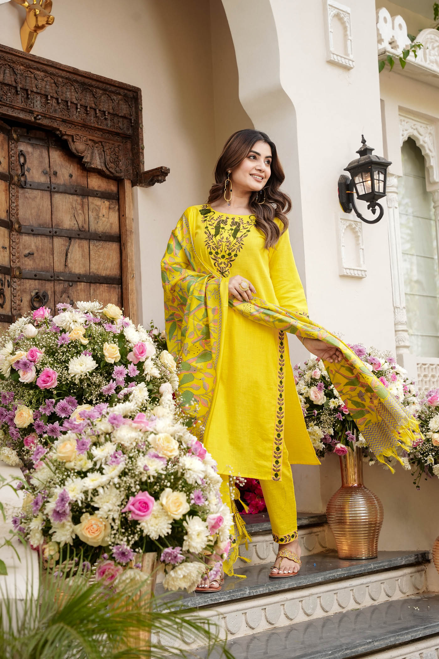 Plain Yellow Fabric Embroidered Kurti with Digital Print Dupatta and Pant.