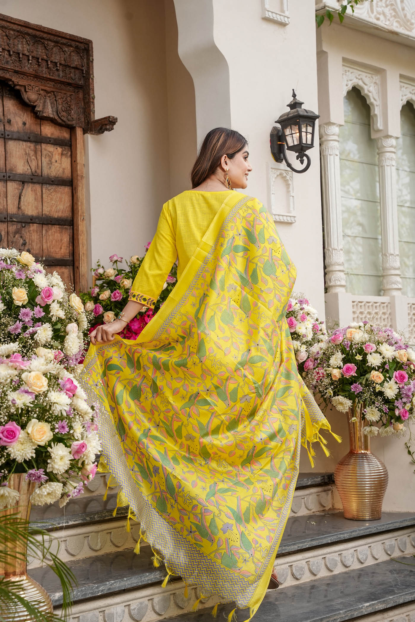 Plain Yellow Fabric Embroidered Kurti with Digital Print Dupatta and Pant.