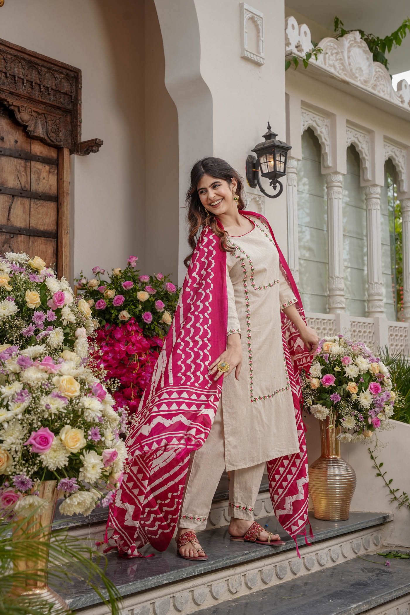 Embroidered Straight Kurti with Printed Khadi Silk Dupatta and Pant