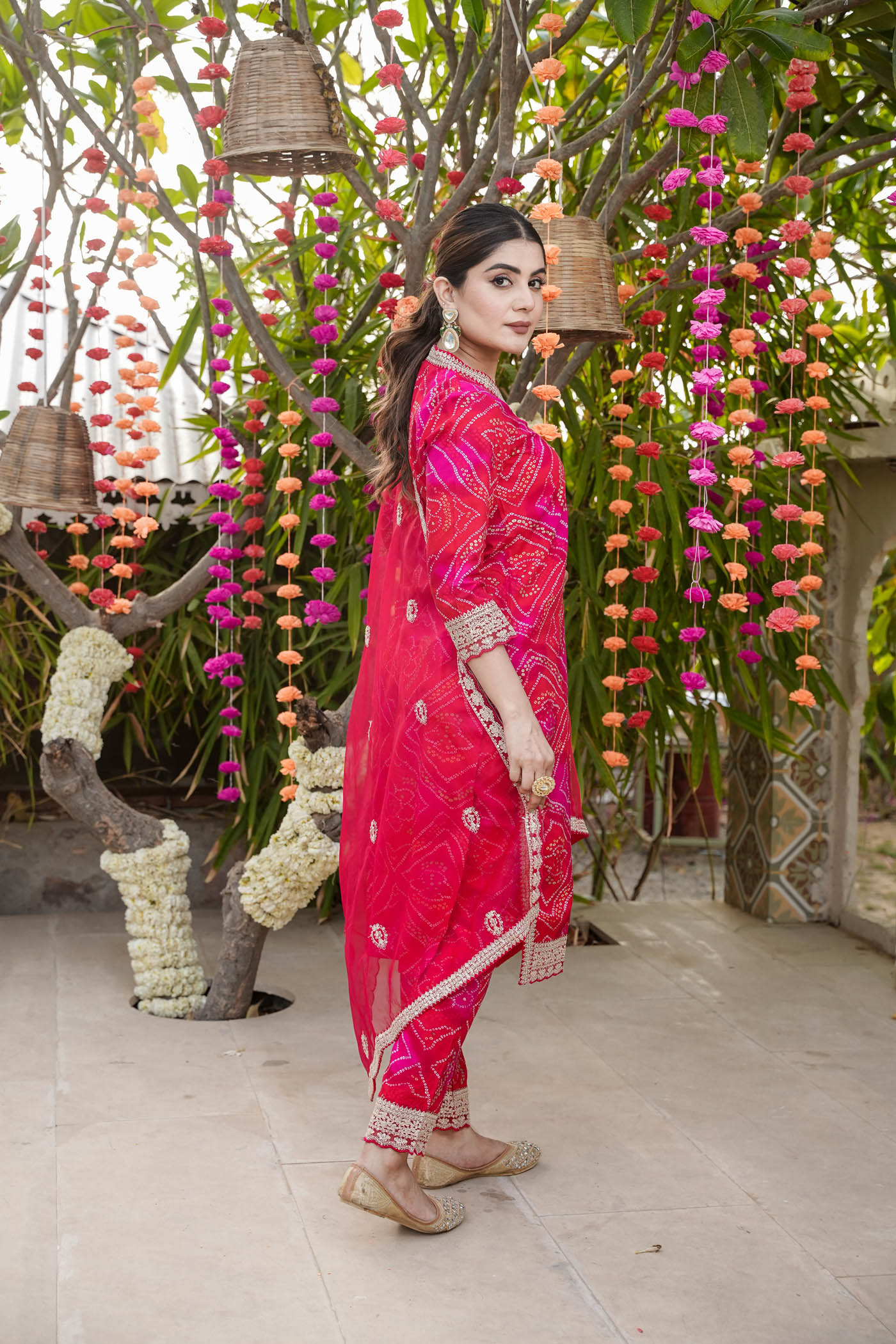 embroidered  straight   bandhani  kurti with dupatta  pant.