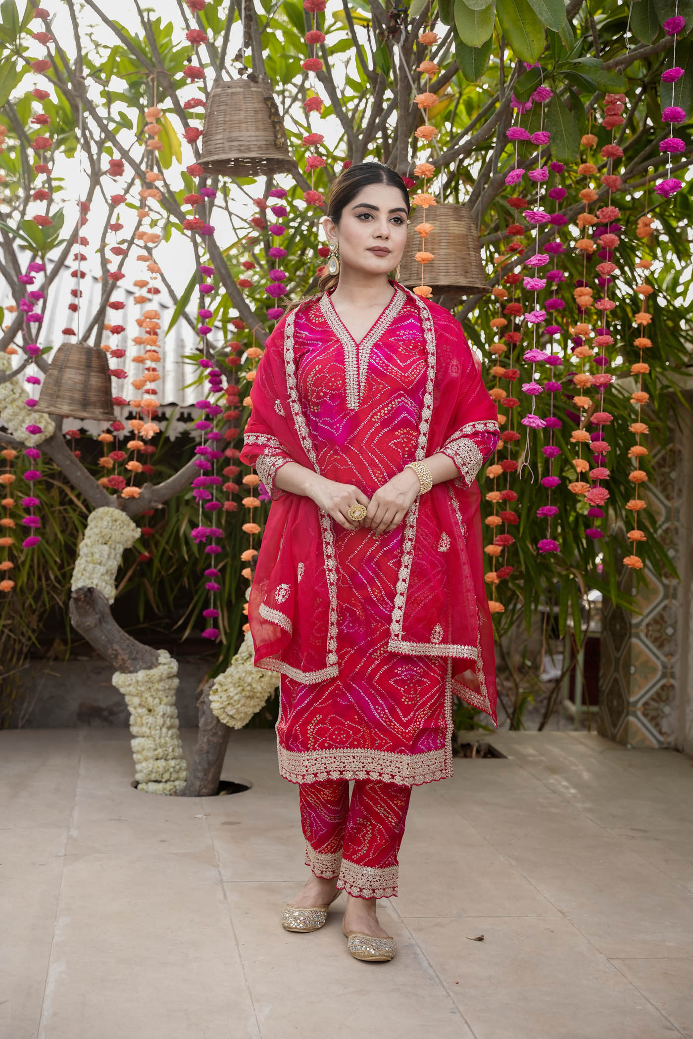 embroidered  straight   bandhani  kurti with dupatta  pant.