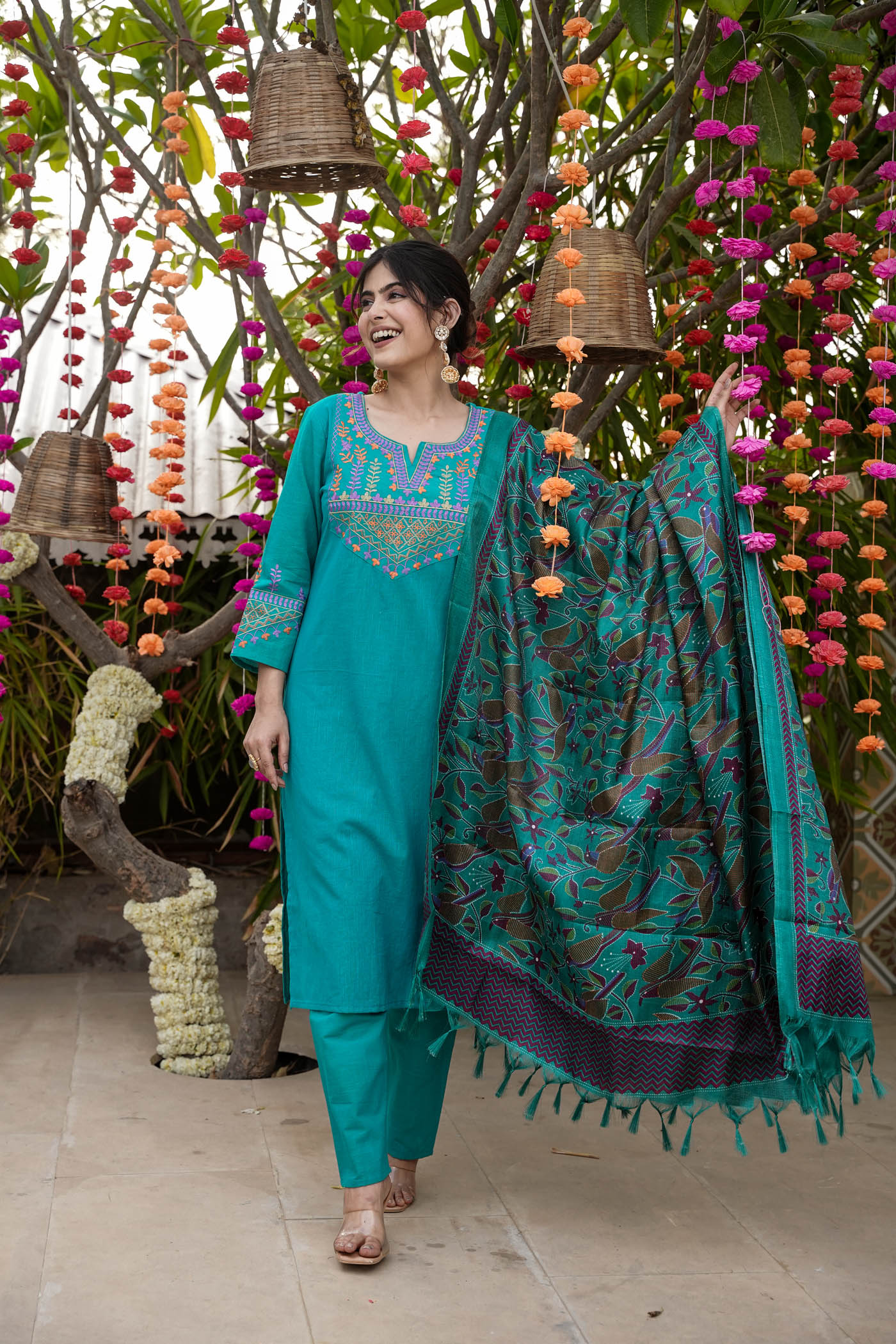 Plain Embroidery Straight Kurti with Fancy Printed Dupatta and Pant.