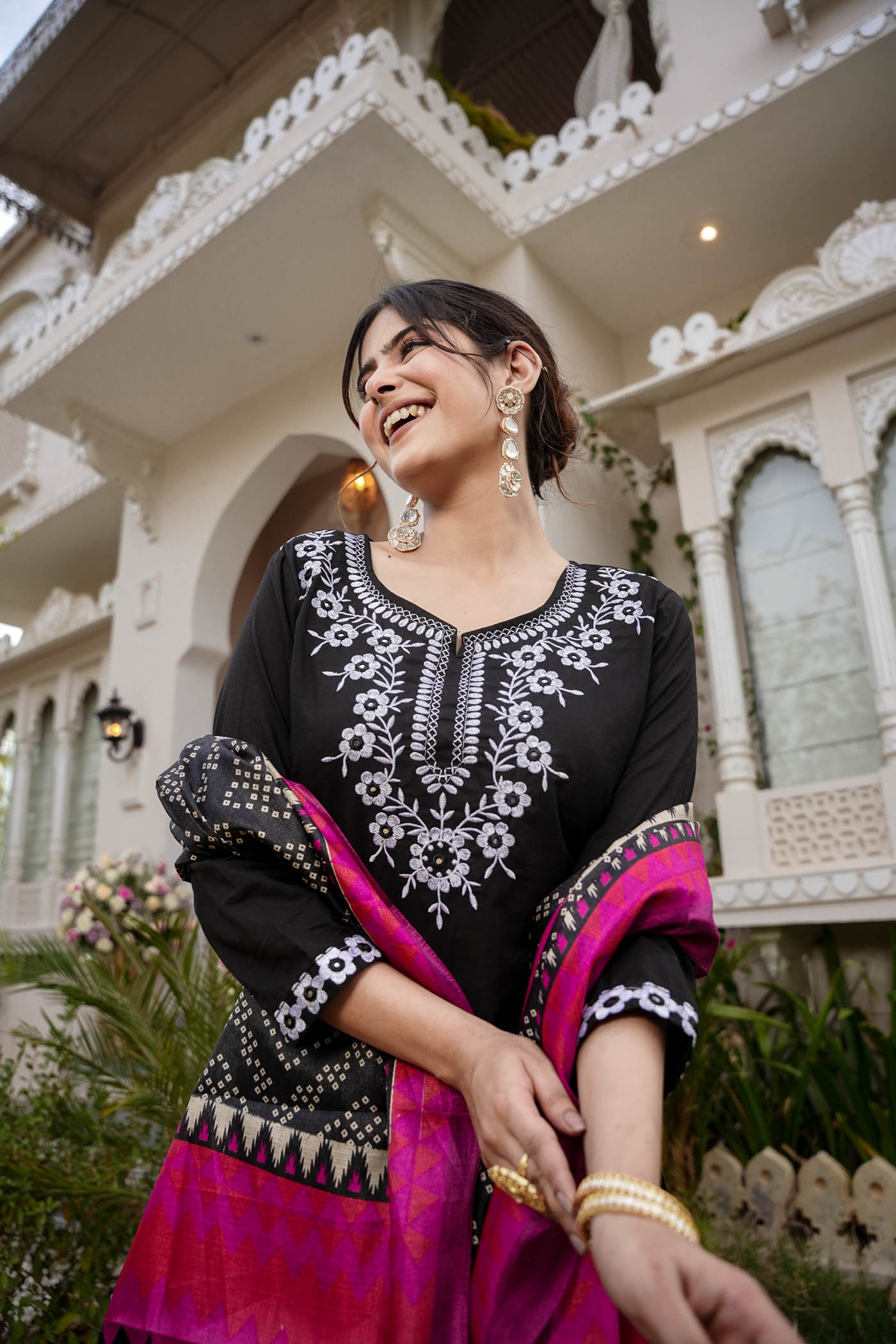 Embroidered Straight Kurti with Fancy Printed Dupatta and Pant