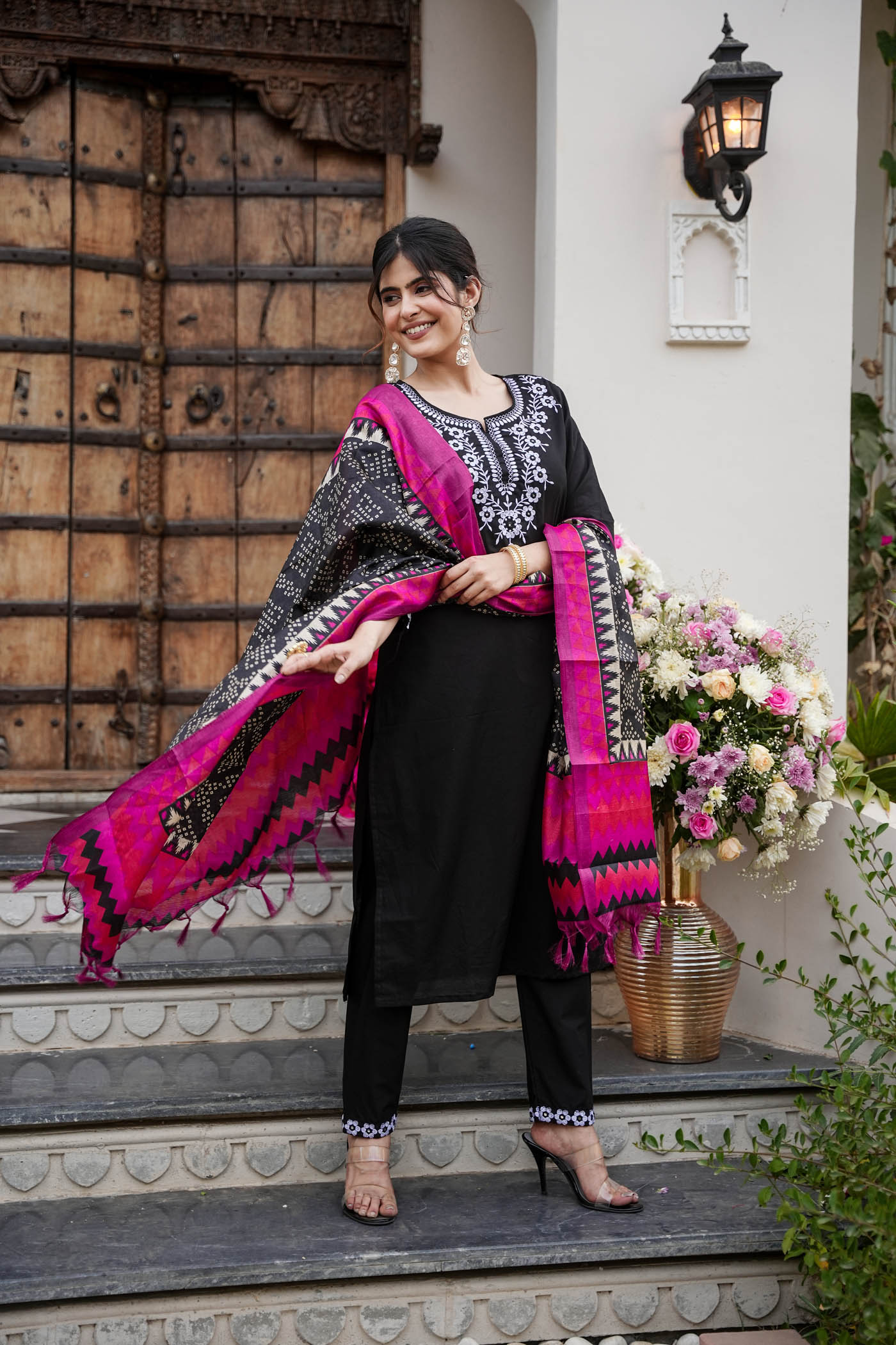 Embroidered Straight Kurti with Fancy Printed Dupatta and Pant