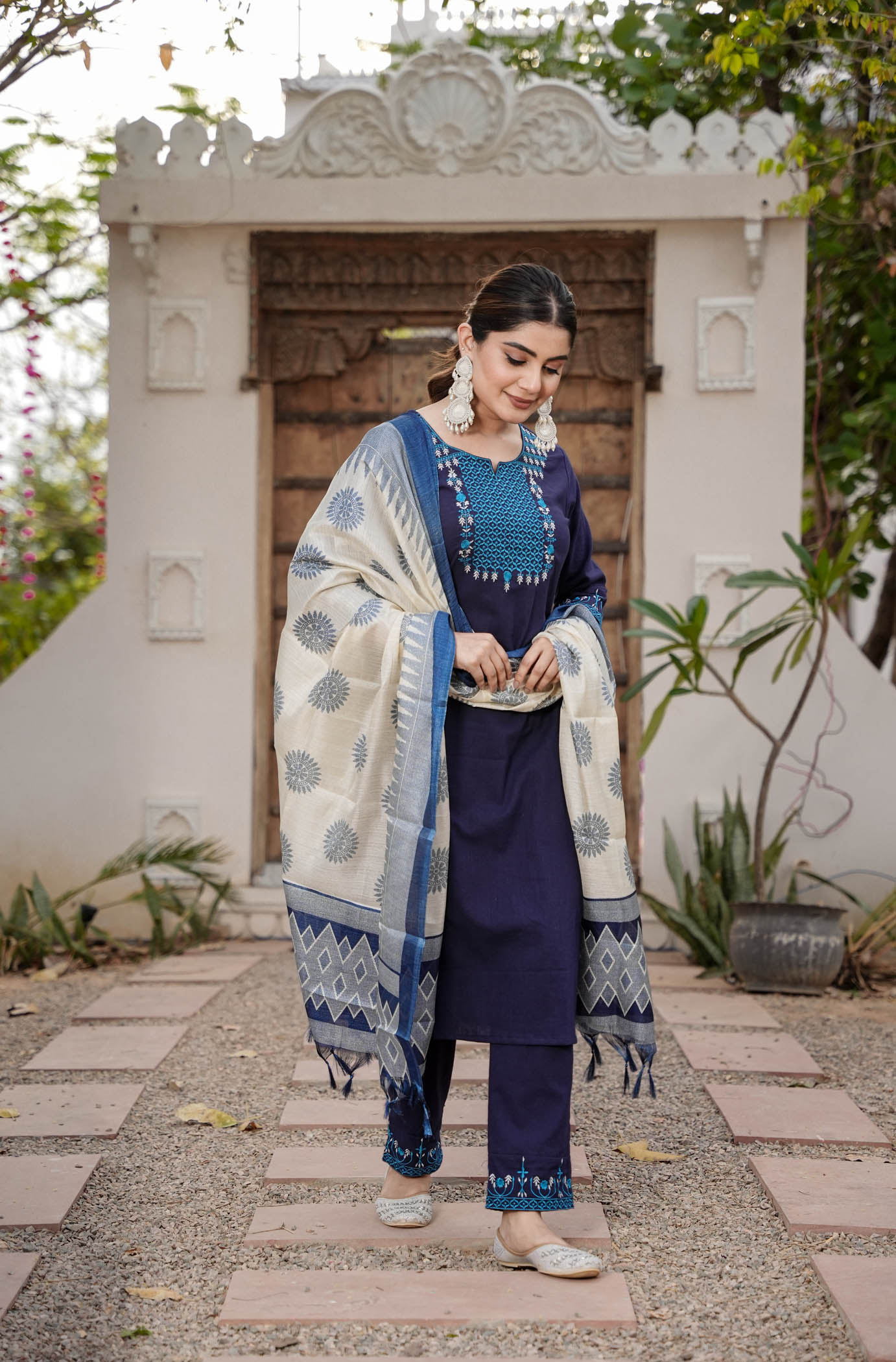 Embroidered Straight Kurti with Digital Print Dupatta and Pant.